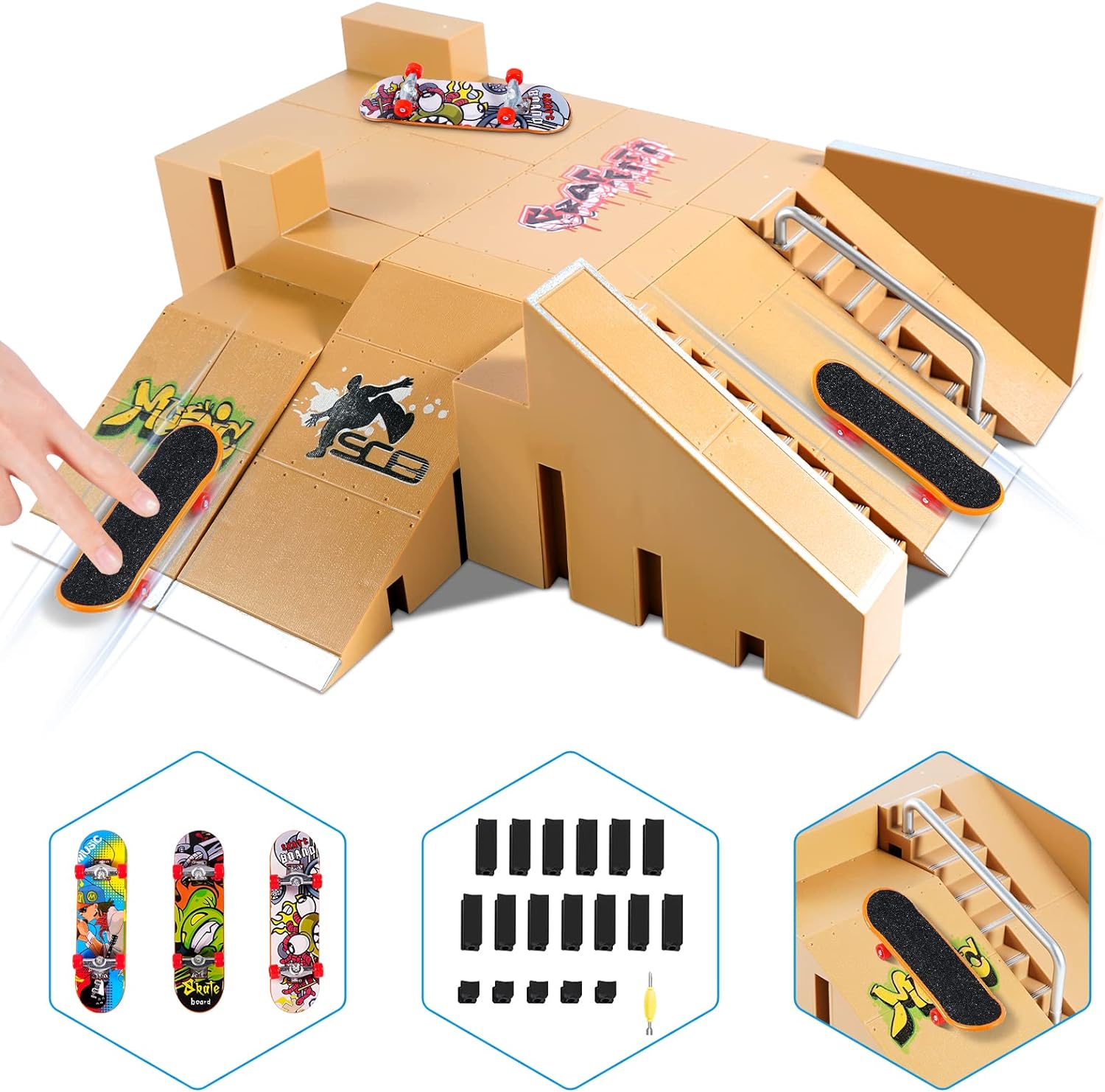 Fingerboard Skate Park Kit,Skateboard Finger Toys with 3 Finger Skateboards & 8 Skatepark Deck Ramp for Boys or Girls Gift, Mini Finger Board Skate Training for Kids Ages 5 and up