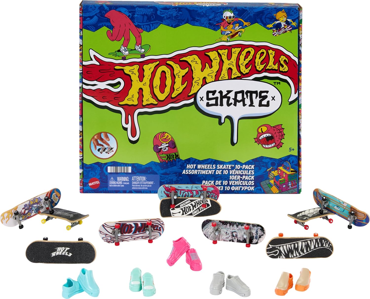 Hot Wheels Skate Fingerboards 10-Pack, Set of 10 Finger Skateboards with 5 Pairs of Removable Skate Shoes with Hot Wheels-Themed Graphics